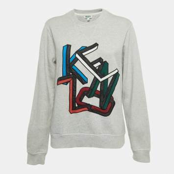 Pre Owned Kenzo Grey Logo Embroidered Cotton Crew Neck Sweatshirt S