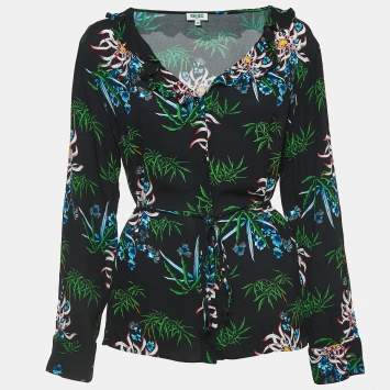 Pre Owned Kenzo Black Floral Printed Crepe Top M