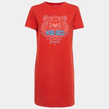 Pre Owned Kenzo Red Printed Cotton T-Shirt Dress M