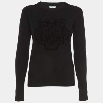 Pre Owned Kenzo Black Tiger Patterned Wool Knit Sweatshirt M