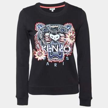 Pre Owned Kenzo Black Tiger Embroidered Cotton Crew Neck Sweatshirt XS