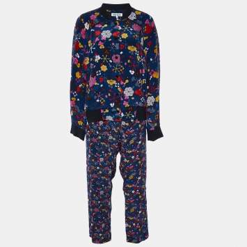 Pre Owned Kenzo Dark Blue Floral Print Silk Track Suit M/L