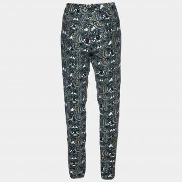 Pre Owned Kenzo Grey Eye Print Crepe Tapered Trousers M