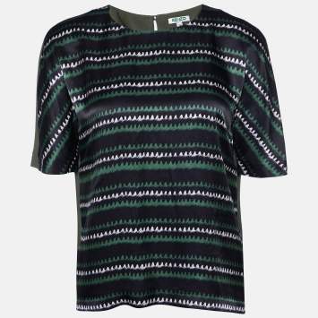 Pre Owned Kenzo Green Printed Silk Short Sleeve Top M