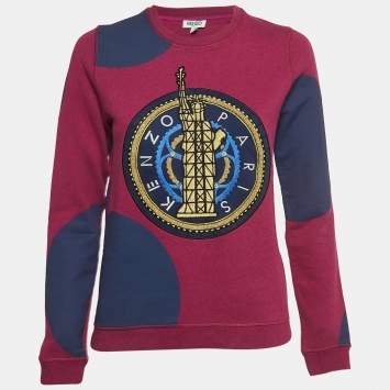 Pre Owned Kenzo Pink Statue Of Liberty Embroidered Cotton Knit Sweatshirt S