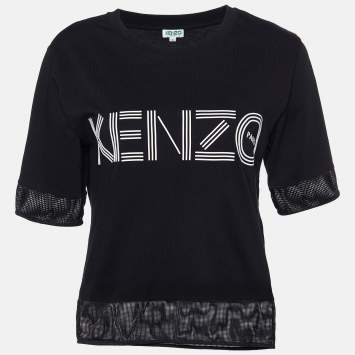Pre Owned Kenzo Black Logo Print Cotton Mesh Detail T-Shirt S