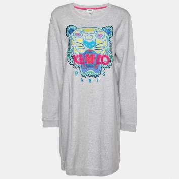 Pre Owned Kenzo Grey Cotton Tiger Embroidered Sweater Dress XL