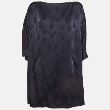 Pre Owned Kenzo Navy Blue Patterned Satin Loose Fit Mini Dress S