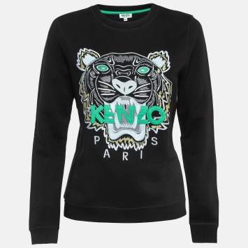 Pre Owned Kenzo Black Logo Tiger Embroidered Cotton Sweatshirt M