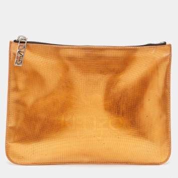 Pre Owned Kenzo Bronze Vinyl Tiger Motif Slim Clutch
