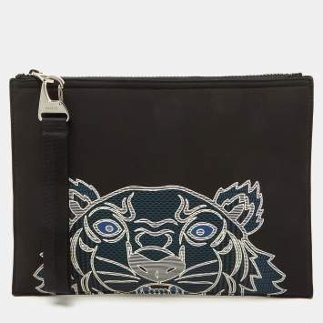 Pre Owned Kenzo Black Fabric Tiger Print Flat Zip Pouch