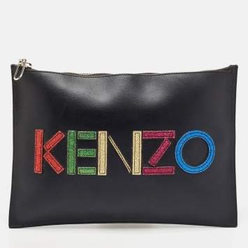 Pre Owned Kenzo Black Leather Logo Flat Zip Pouch