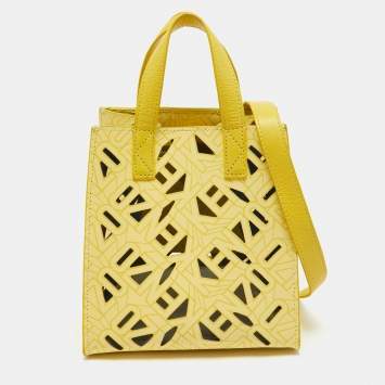 Pre Owned Kenzo Yellow Laser Cut Leather Mini Flying Logo Tote