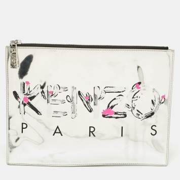 Pre Owned Kenzo Silver Patent Leather Logo Printed Zip Pouch