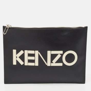 Pre Owned Kenzo Black Leather Logo Zipped Pouch
