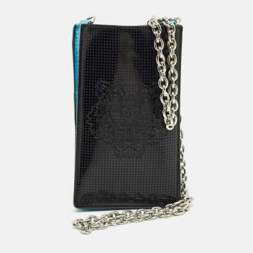 Pre Owned Kenzo Black/Blue Patent and Leather Tiger Embossed Phone Crossbody Bag