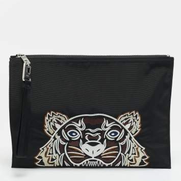 مملوكة مسبقًا Kenzo Tiger Embroidered Black Nylon Flat Pouch 