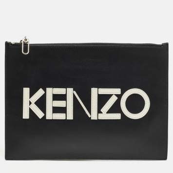 مملوكة مسبقًا Kenzo Logo Black/White Leather Zipped Pouch