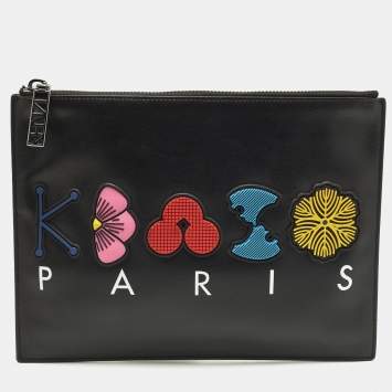 Pre Owned Kenzo Logo Patch Black Leather Zip Flat Pouch