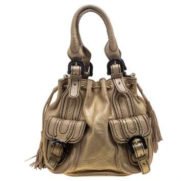 Pre Owned Kenzo Gold Leather Drawstring Studded Bucket Bag