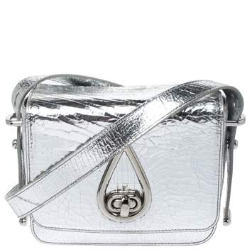Pre Owned Kenzo Metallic Silver Cracked Leather Raindrop Crossbody Bag