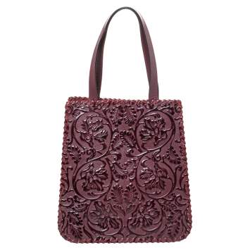 Pre Owned Kenzo Burgundy Embossed Leather Stitches Tote