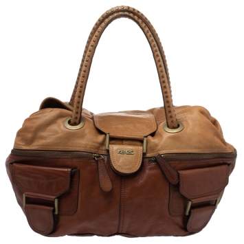 Pre Owned Kenzo Two Tone Brown Soft Leather Studded Handle Satchel
