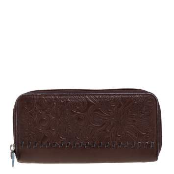 Pre Owned Kenzo Brown Embossed Leather Zip Around Continental Wallet