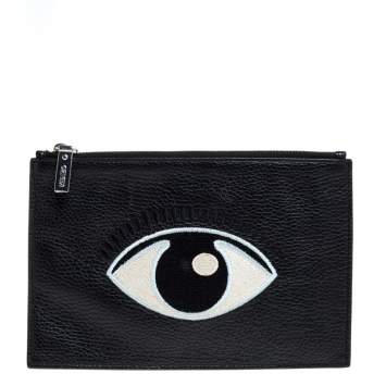 Pre Owned Kenzo Black Grained Leather Eye Embroidered Clutch