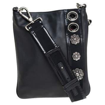 Pre Owned Kenzo Black Leather and Patent Leather Trim Metal Floral Embellished Messenger Bag