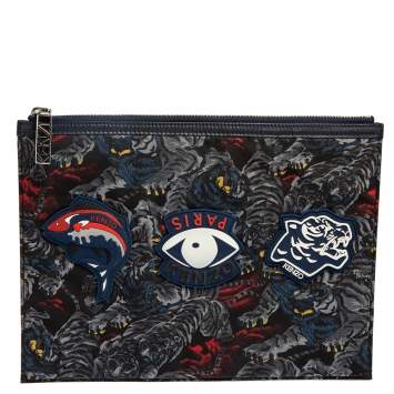 Pre Owned Kenzo Multicolor Tiger Print Nylon Zip Pouch