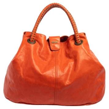 Pre Owned Kenzo Burnt Orange Leather Studded Handle Hobo  