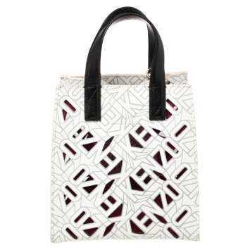 Pre Owned Kenzo White/Black Laser Cut Leather Mini Flying Logo Tote