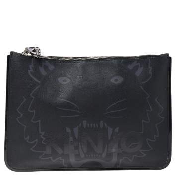 Pre Owned Kenzo Black Tiger Print Coated Canvas and Patent Leather Wristlet Pouch