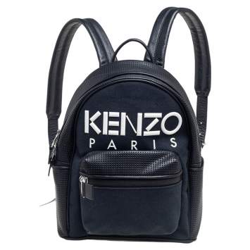 Pre Owned Kenzo Black Perforated Leather And Canvas Kombo Backpack