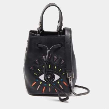 Pre Owned Kenzo Black Leather Embroidered Eye Bucket Bag