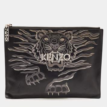 Pre Owned Kenzo Black Tiger Embroidered Leather Zip Flat Pouch