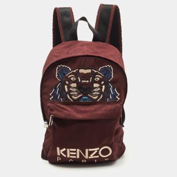 Pre Owned Kenzo Burgundy Nylon Embroidered Icon Tiger Backpack