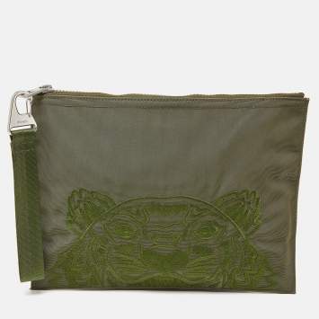 Pre Owned Kenzo Green Tiger Embroidered Canvas Zip Flat Pouch