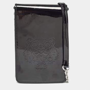 Pre Owned Kenzo Black Tiger Head Embossed Patent Leather Flap Crossbody Bag