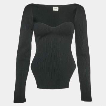Pre Owned Khaite Black Rib Knit Sweetheart Neck Full Sleeve Top L