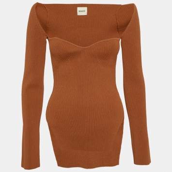 Pre Owned Khaite Brown Rib Knit Sweetheart Neck Full Sleeve Top L