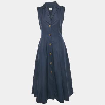 Pre Owned Khaite Navy Blue Cotton Flared Sleeveless Midi Dress M