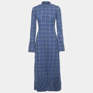 Pre Owned Khaite Blue Houndstooth Cotton Blend Daniella Midi Dress XS 