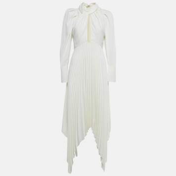 Pre Owned Khaite Ivory Plisse Satin Asymmetric Maxi Dress M