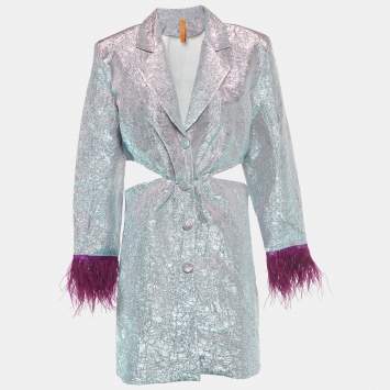 Pre Owned Koh Sui Metallic Lurex Button Front Feather Detail Cut-Out Mini Dress M