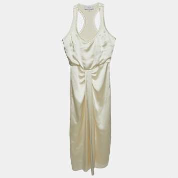 Pre Owned L'Academie Cream Satin Drape Detail Sleeveless Midi Dress XS