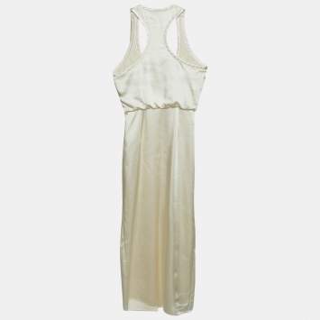Pre Owned L'Academie Cream Satin Drape Detail Sleeveless Midi Dress XS