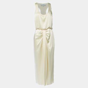 Pre Owned L'Academie Cream Satin Drape Detail Sleeveless Midi Dress XS