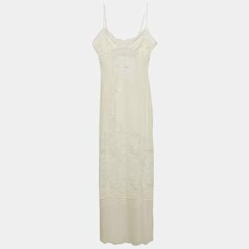 Pre Owned La Perla Off White Lace Trim Silk Sheer Maxi Slip Dress L